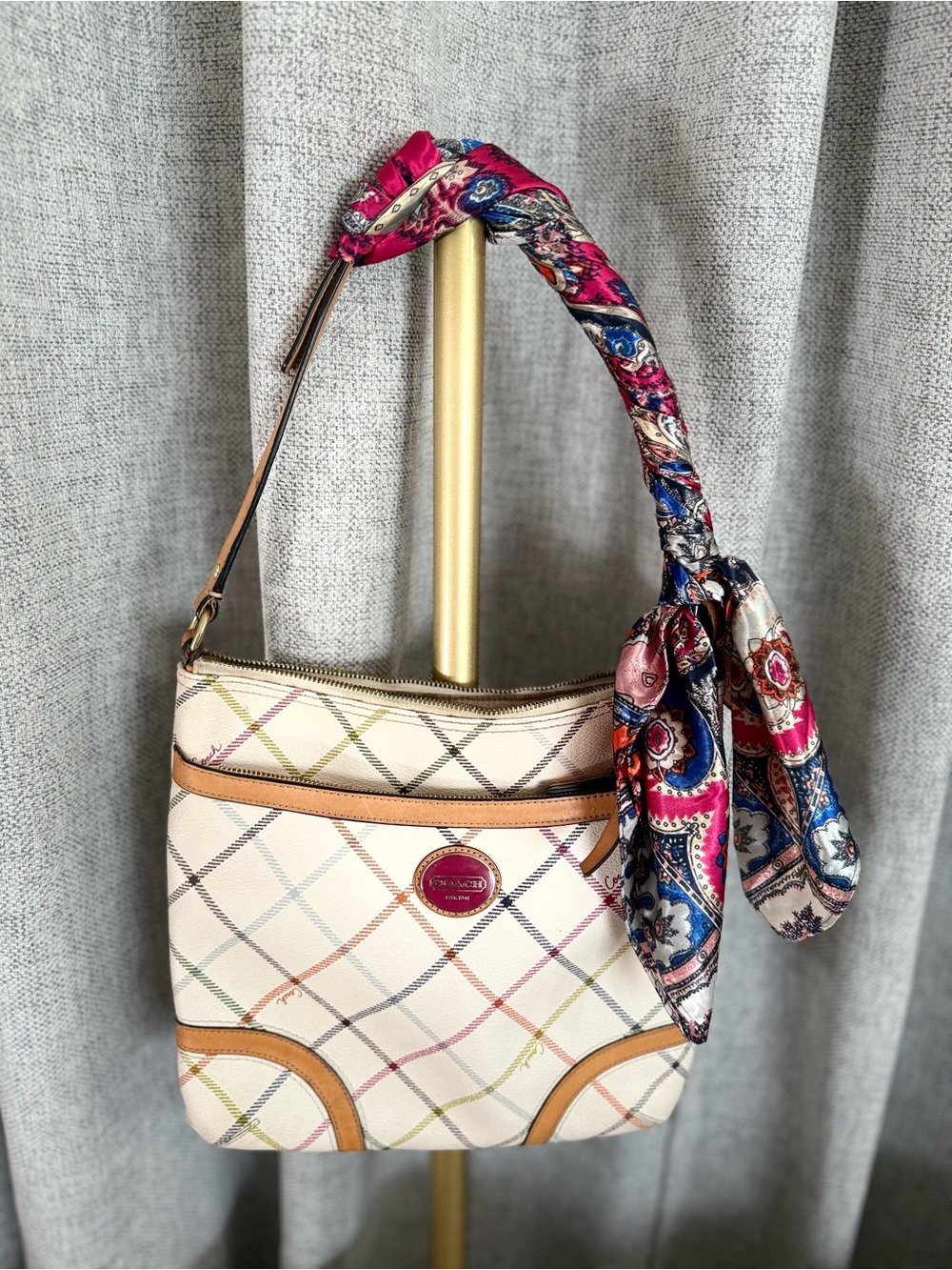 Coach Cream Multicolor Plaid Crossbody with Tan Trim